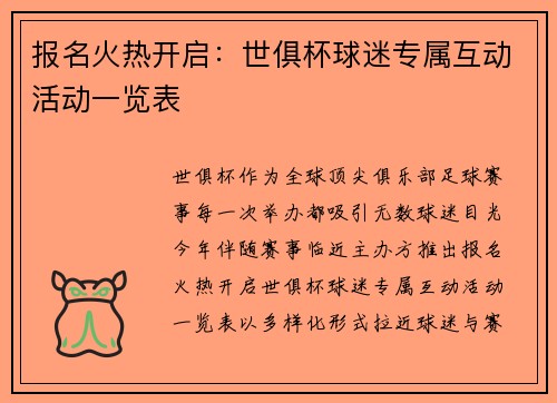 报名火热开启：世俱杯球迷专属互动活动一览表