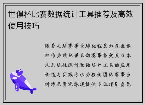 世俱杯比赛数据统计工具推荐及高效使用技巧