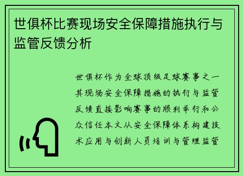 世俱杯比赛现场安全保障措施执行与监管反馈分析