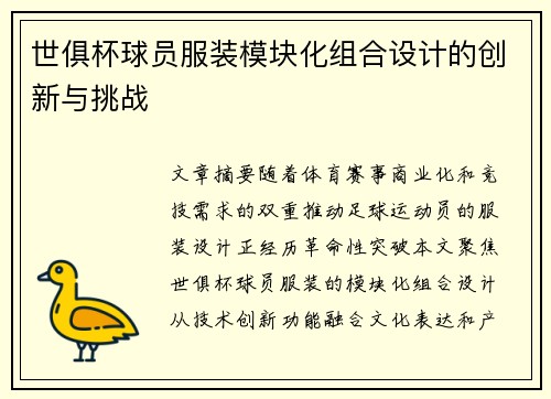 世俱杯球员服装模块化组合设计的创新与挑战